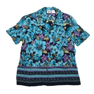 JM Collection Shirt Womens Small Blue Purple Floral Button Up Rayon Short Sleeve